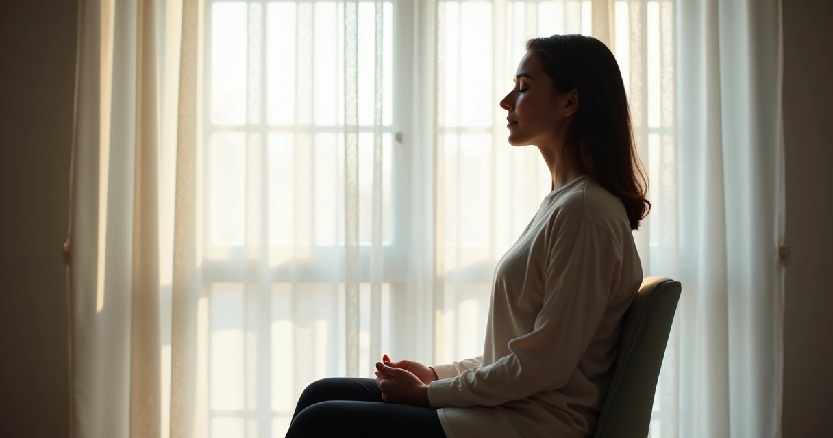 Persona sentada junto a una ventana respirando con calma en un momento de pausa 