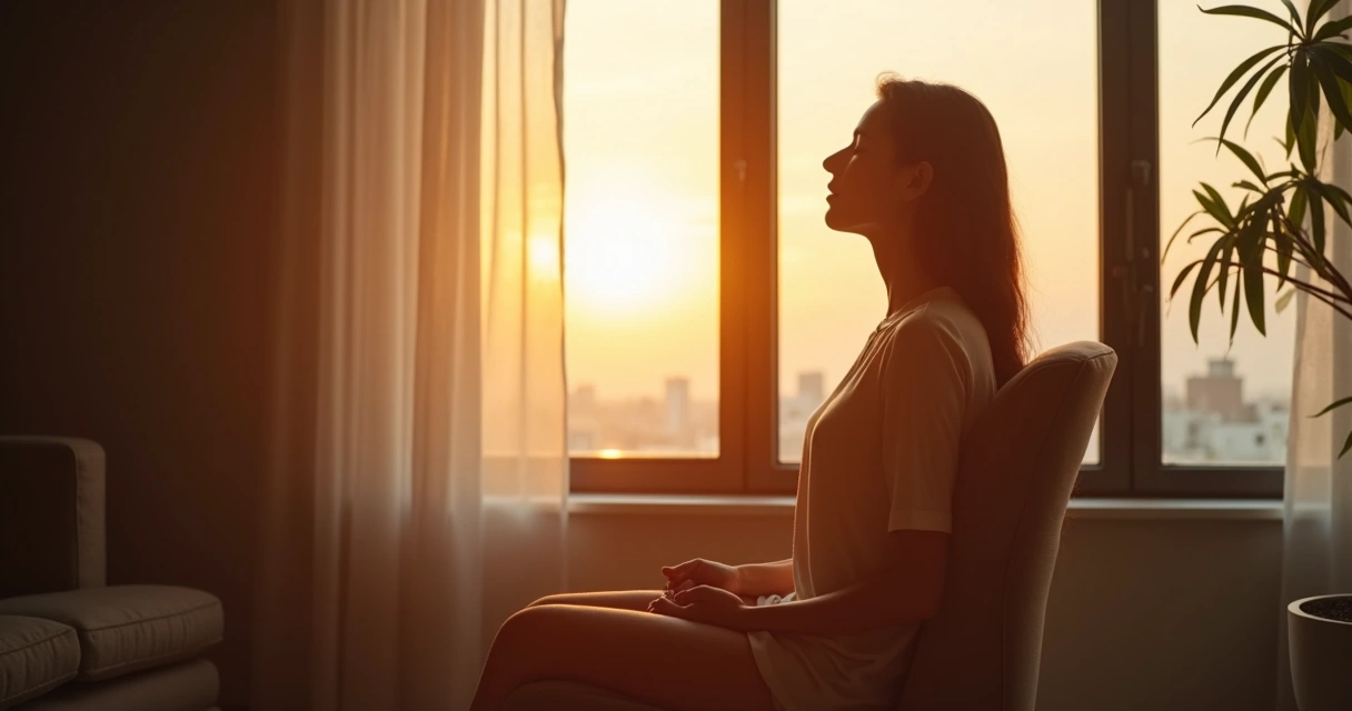 Persona sentada junto a una ventana respirando con calma al amanecer