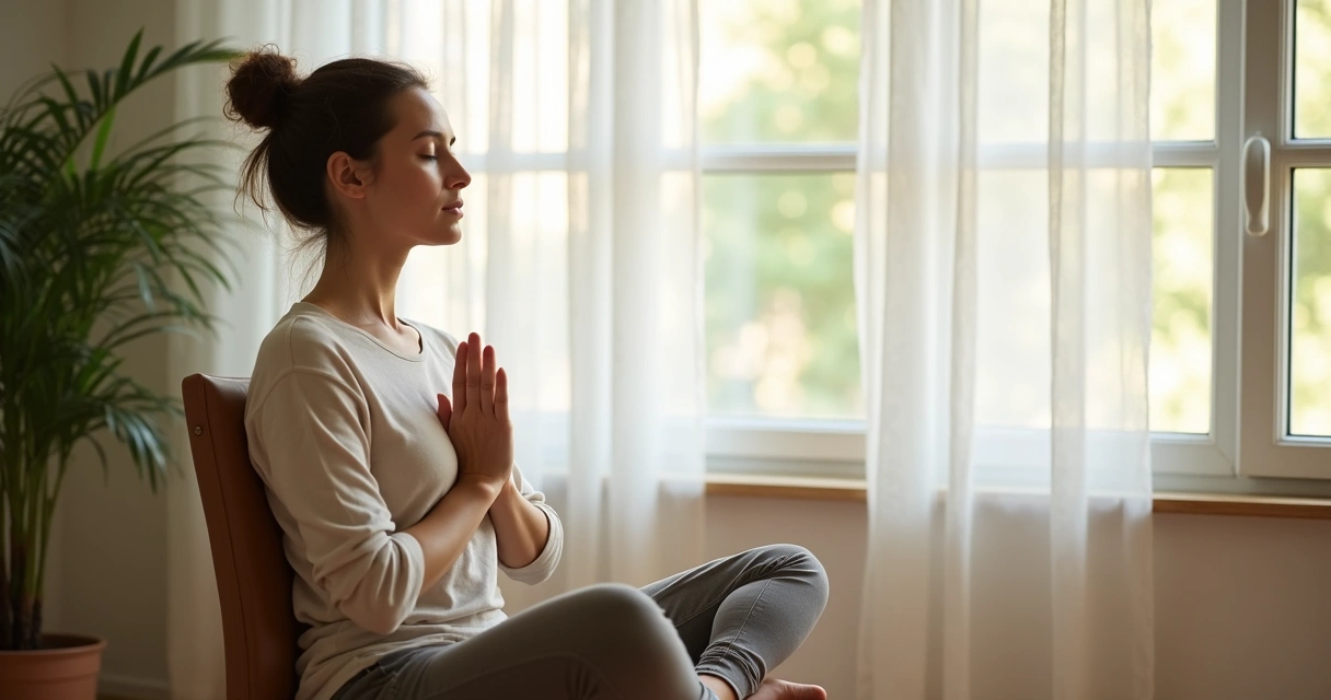Persona sentada junto a una ventana practicando respiración consciente 