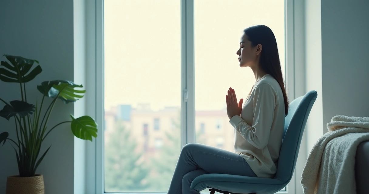 Persona sentada junto a una ventana respirando con calma