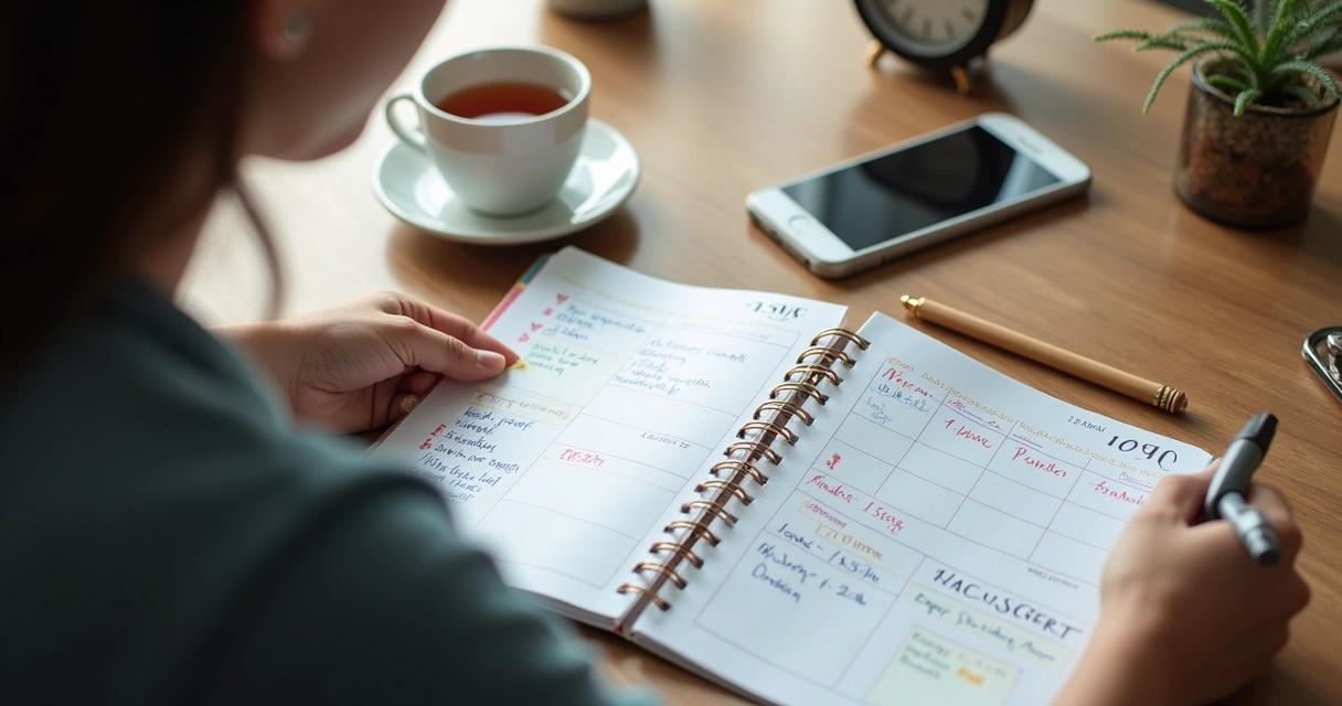 Persona revisando una agenda con horarios y notas