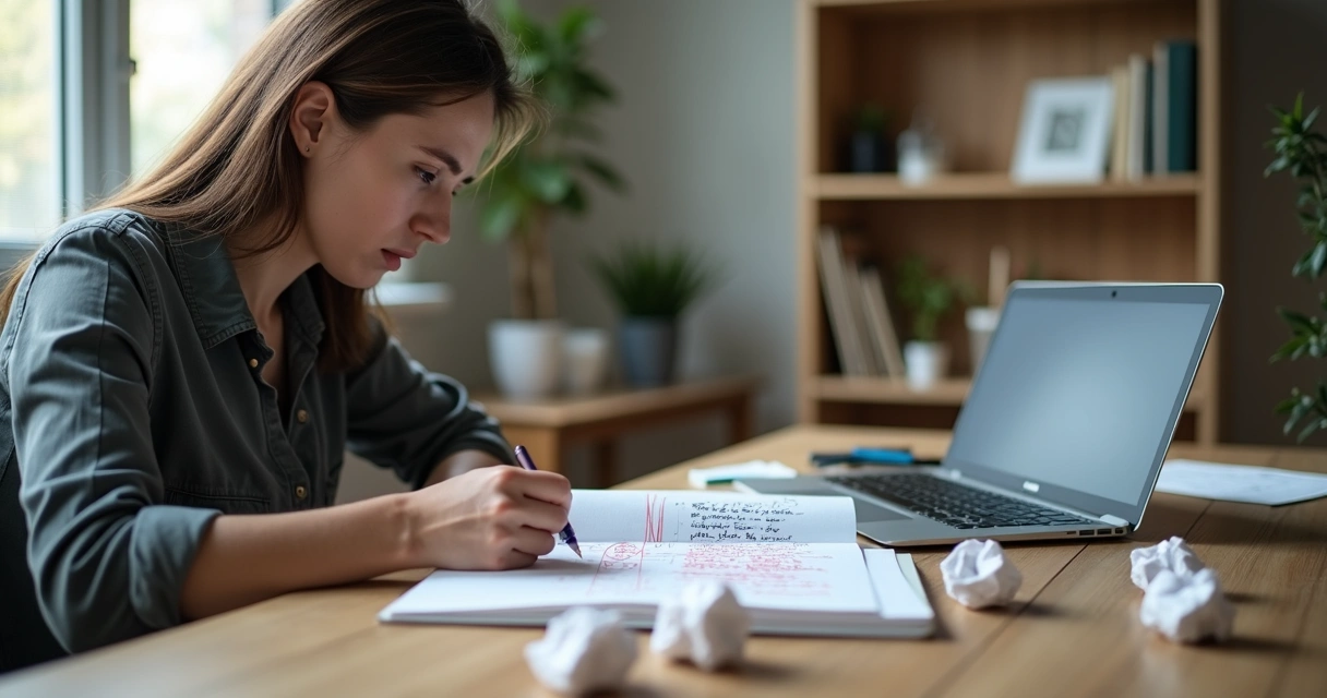 Persona revisando un cuaderno con muchas correcciones
