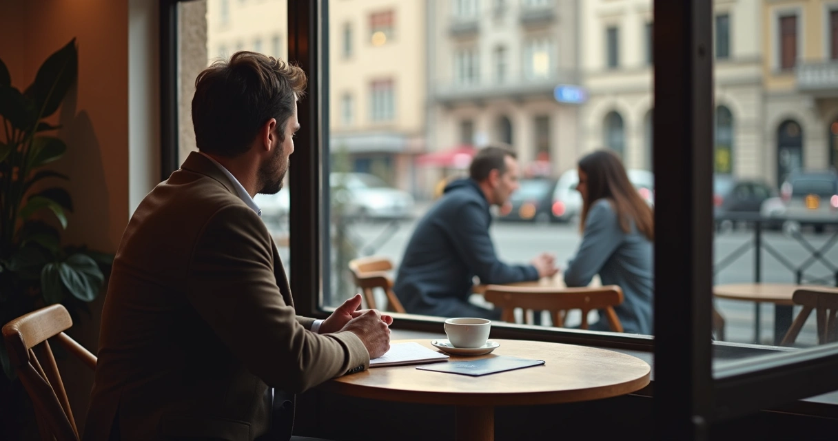 Persona observando su entorno social desde una cafetería