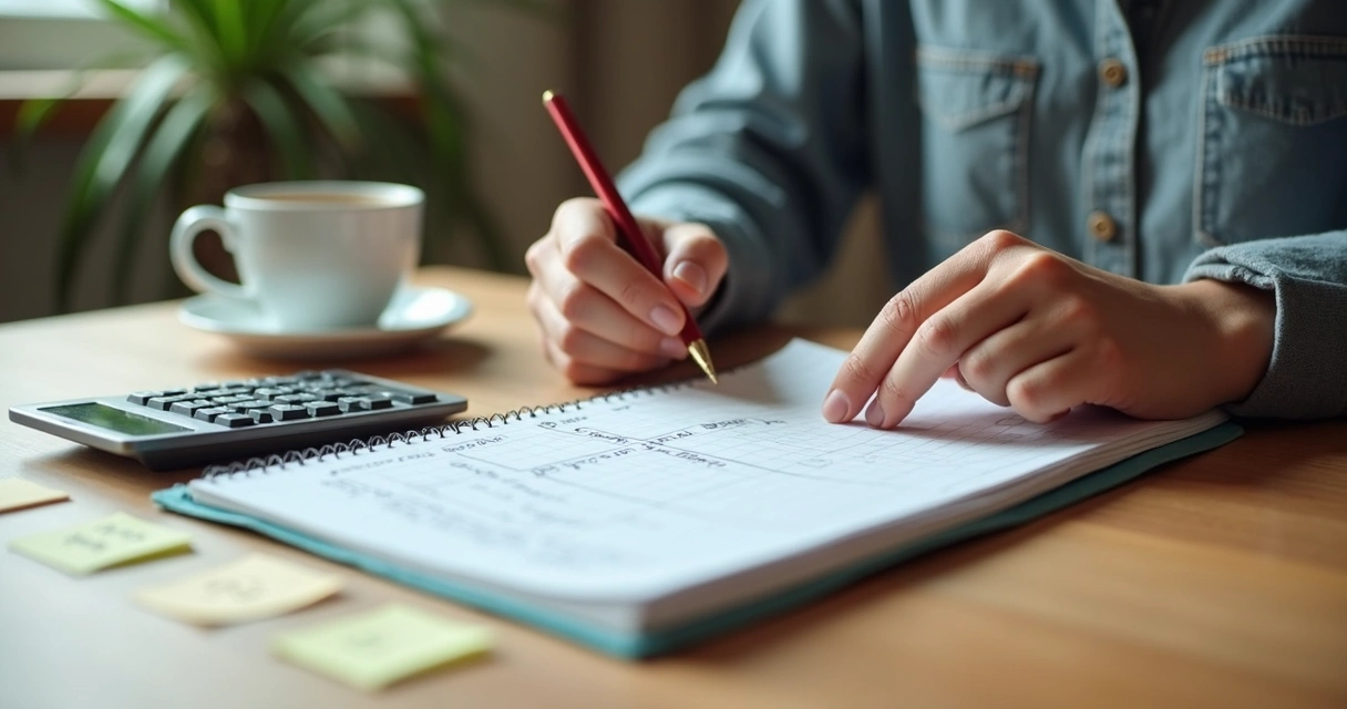 Persona revisando gastos y emociones en una libreta