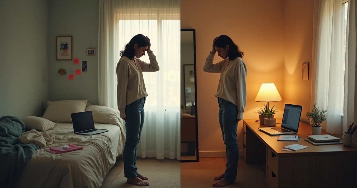 Persona frente al espejo eligiendo salir de un patrón de autosabotaje 