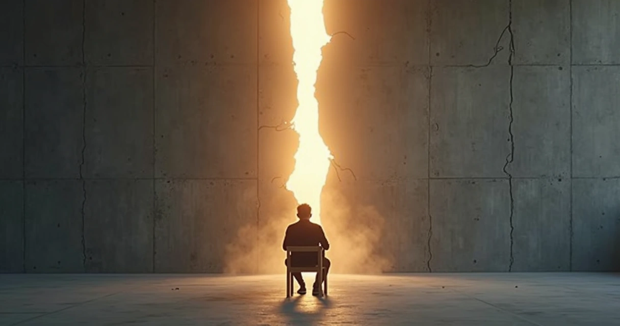 Persona sentada frente a muro agrietado con luz atravesando simbolizando romper bloqueos internos 