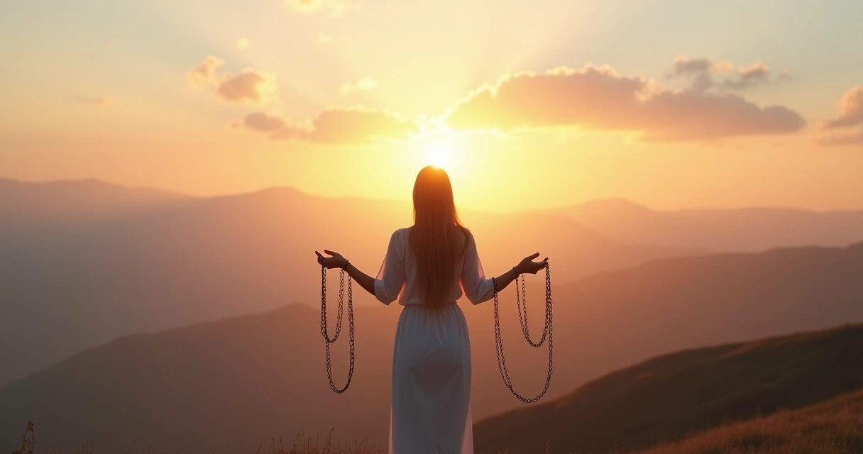 Persona en calma rompiendo cadenas de autoexigencia frente a un paisaje amplio 