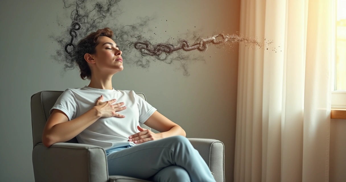 Persona con ojos cerrados rompiendo cadenas mentales en un entorno luminoso 