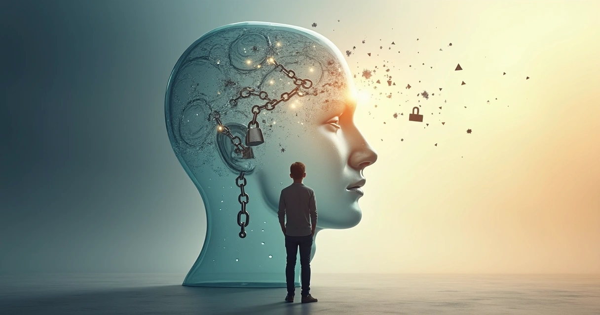 Persona contemplando una silueta de cabeza con cadenas rompiéndose en un entorno luminoso 