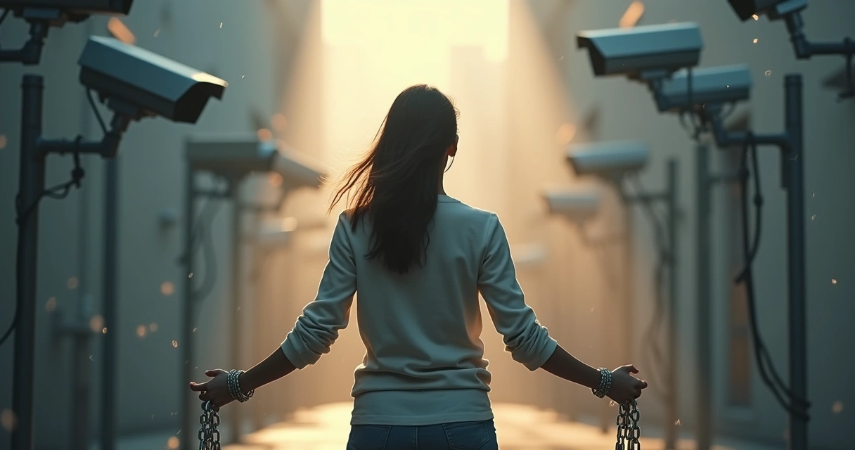Persona rompiendo cadenas mientras cámaras de vigilancia se difuminan al fondo 