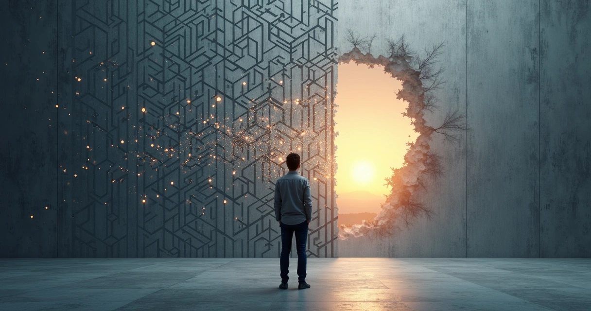 Persona observando patrones mentales fragmentados y creando un nuevo camino consciente 