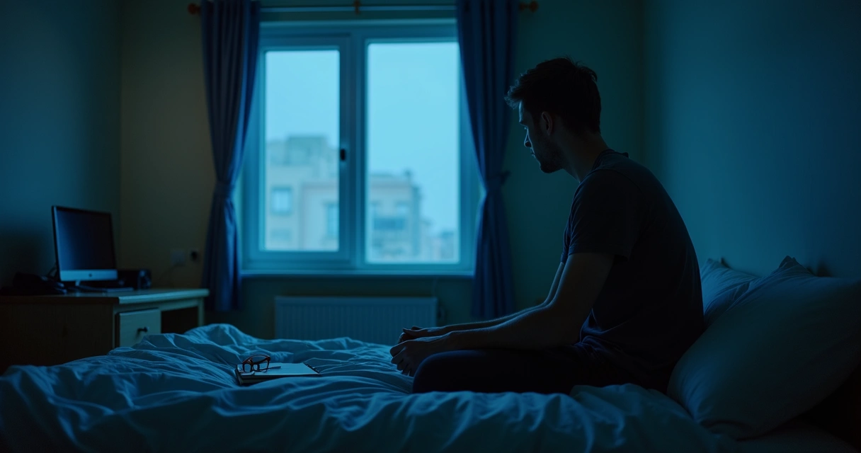 Persona sentada en la cama mirando al vacío de noche 
