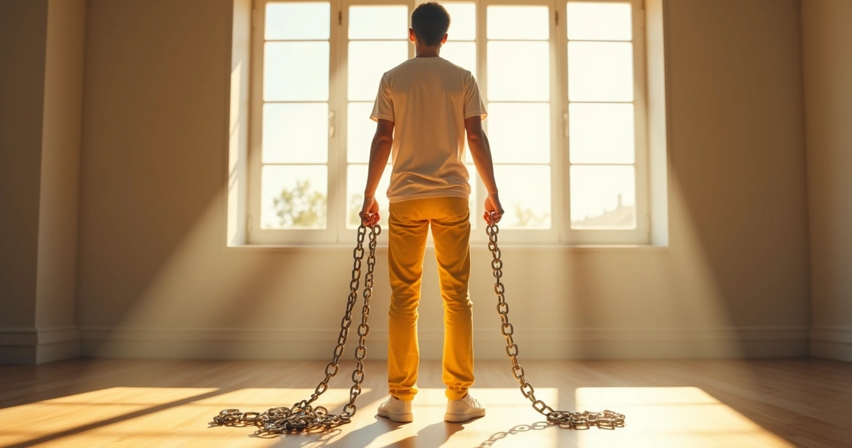 Persona saliendo de cadenas emocionales rotas en una habitación luminosa 
