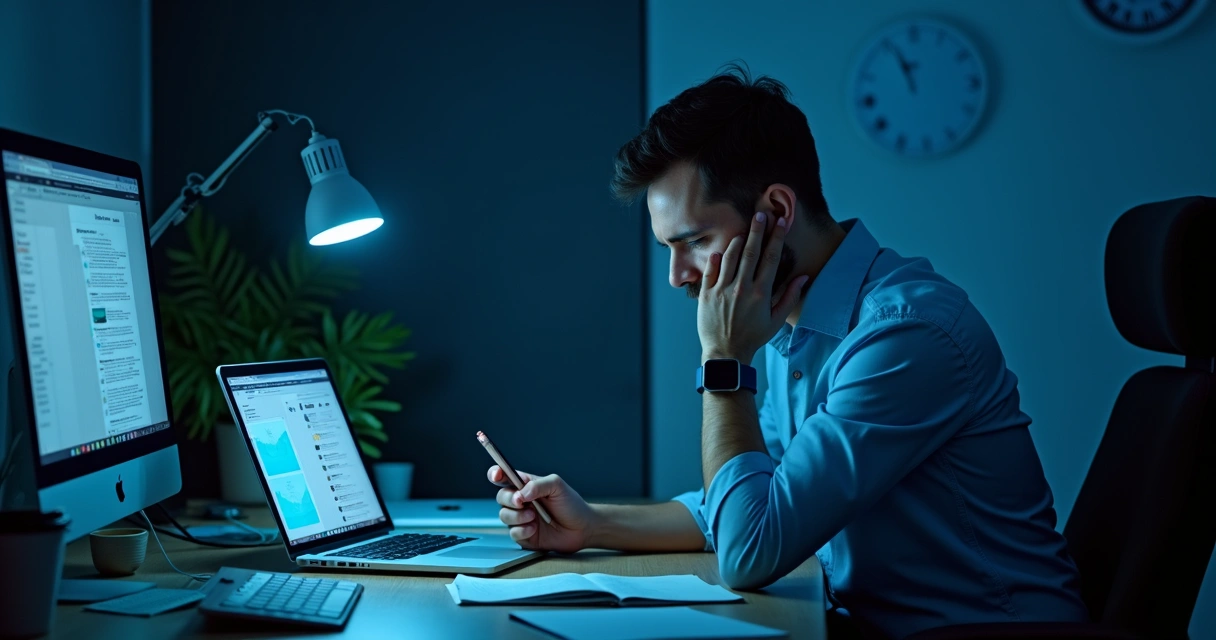 Persona frente a varias pantallas con notificaciones encendidas 