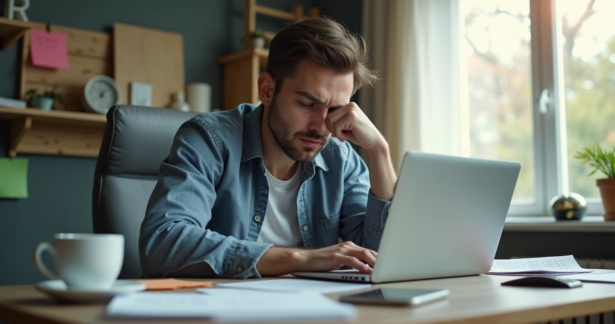 Persona frente al escritorio con señales de tensión mental