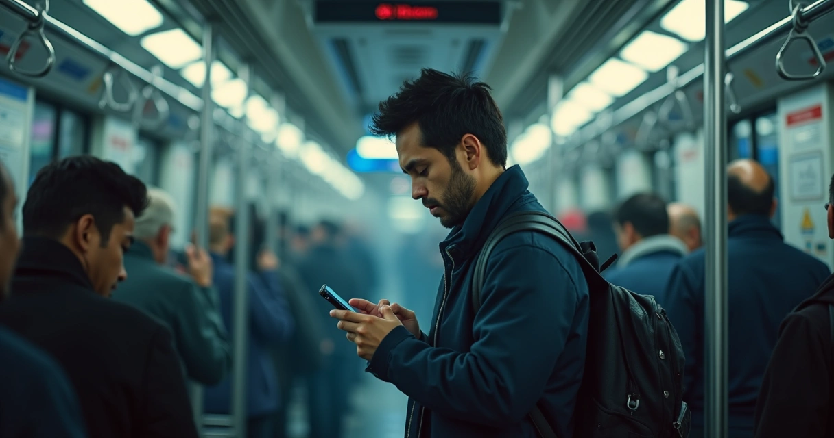 Persona mirando el móvil en un vagón de metro lleno