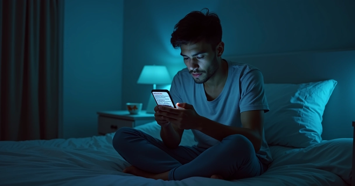 Persona mirando el móvil con gesto de saturación emocional en una habitación tenue 
