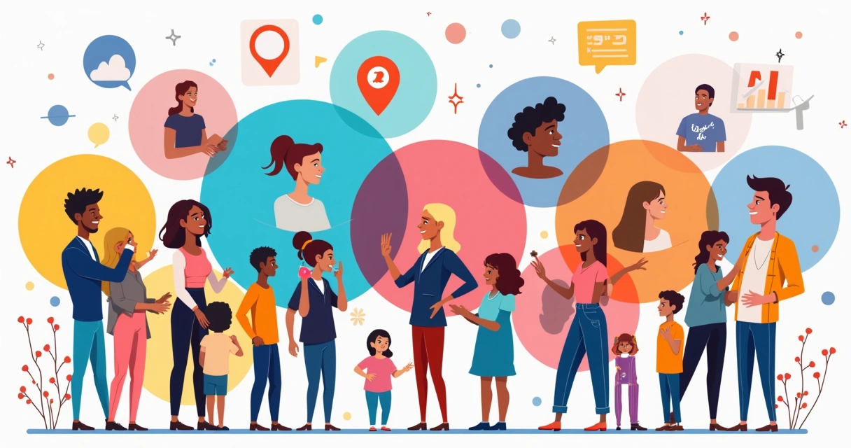 Grupos diversos de pessoas representando segmentos de público em marketing digital 