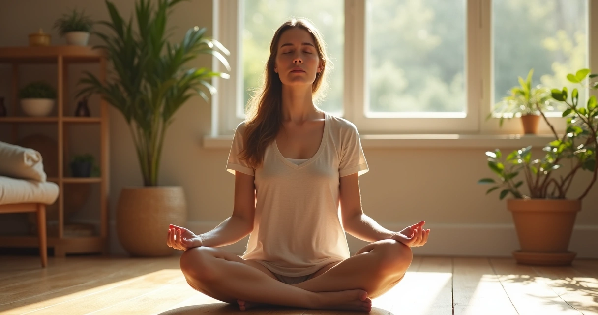 Persona sentada en postura de meditación en una habitación tranquila, ojos cerrados y manos sobre las rodillas