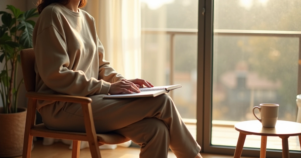 Persona sentada en silencio con un cuaderno junto a una ventana 