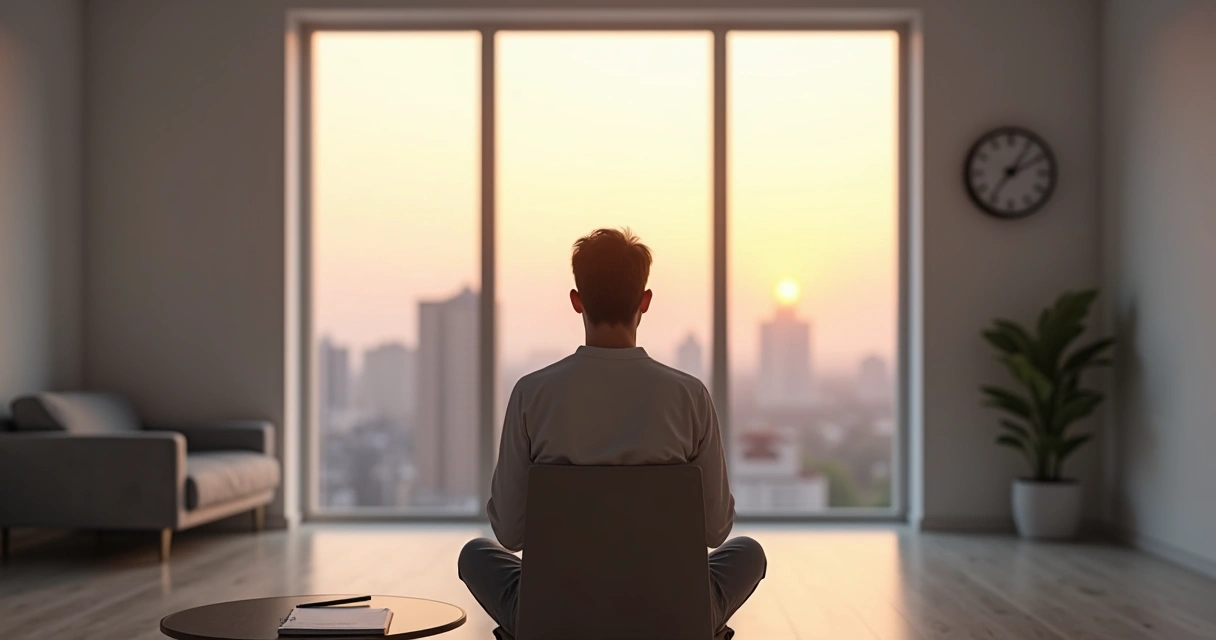 Persona sentada en silencio frente a una ventana grande al atardecer 