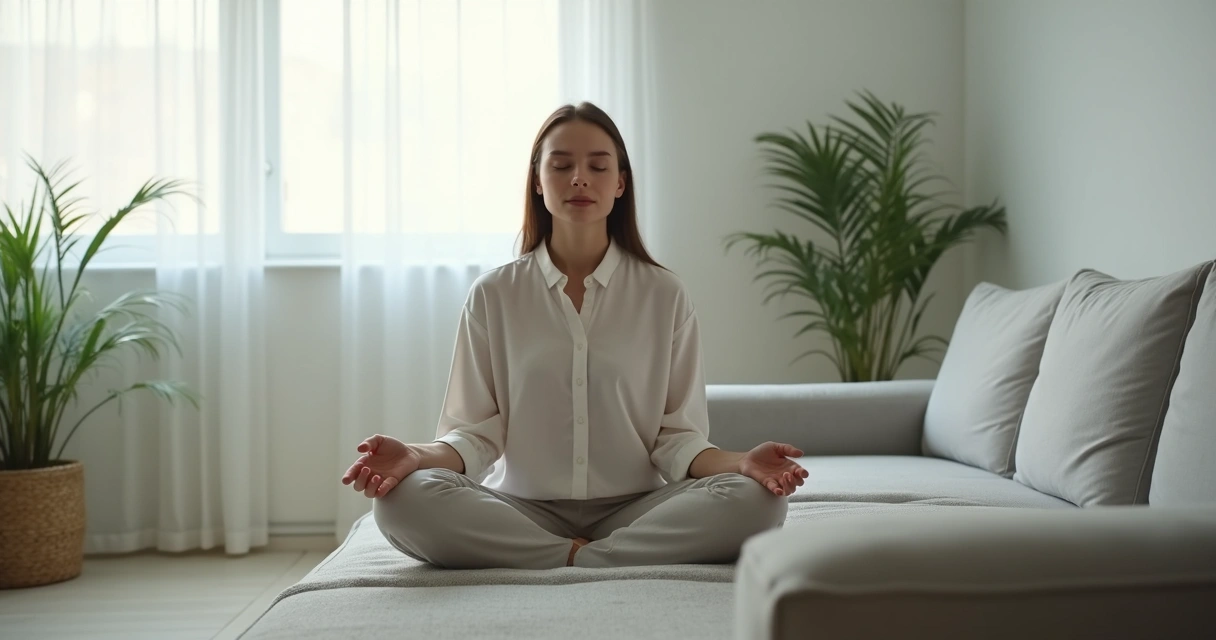 Persona sentada en tranquilidad, ojos cerrados, manos sobre las piernas 