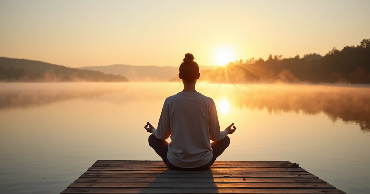Persona sentada en silencio reflexivo frente a un lago al amanecer 