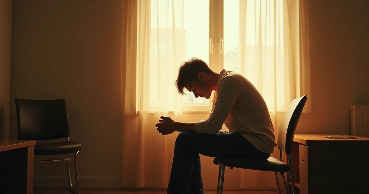Persona pensativa sentada sola en una habitación iluminada por la ventana