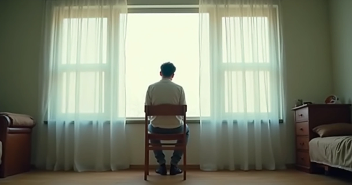 Persona sentada sola en una silla junto a una ventana, luz suave y ambiente tranquilo. 