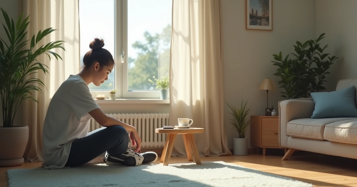 Persona sentada junto a una ventana en una habitación tranquila 