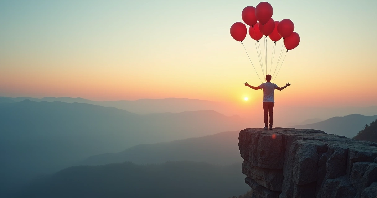 Persona en la cima de una montaña soltando globos hacia el cielo al amanecer 