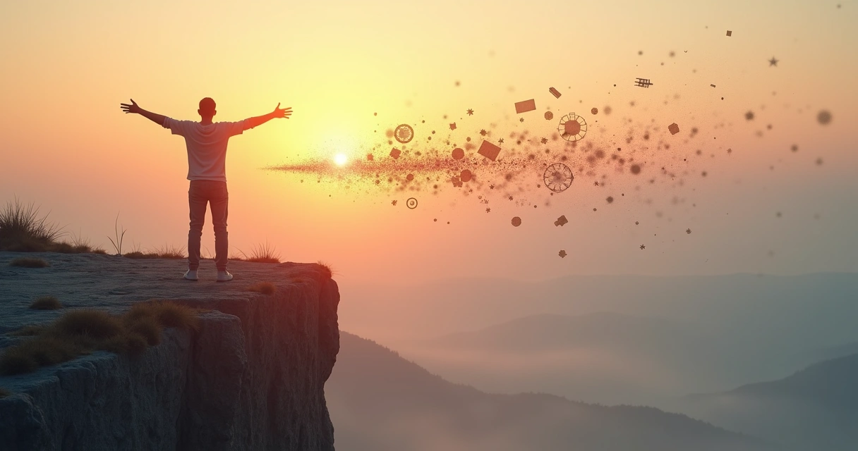 Persona en un acantilado dejando ir figuras de patrones que se disuelven en el cielo 