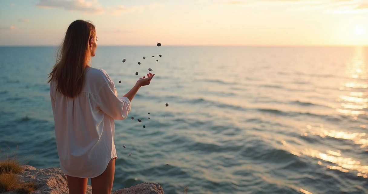 Persona de espaldas en acantilado soltando piedras sobre el mar al atardecer 