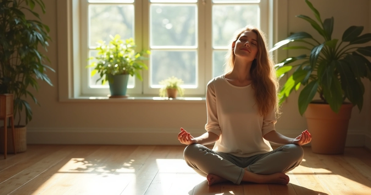Persona sonriente sentada en posición de meditación con luz natural 