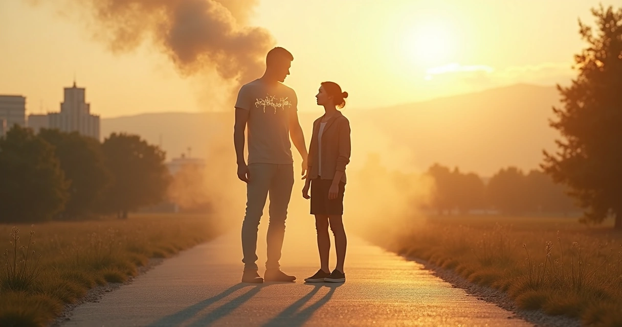 Persona de pie frente a una versión sombreada de sí misma rompiendo cadenas interiores 