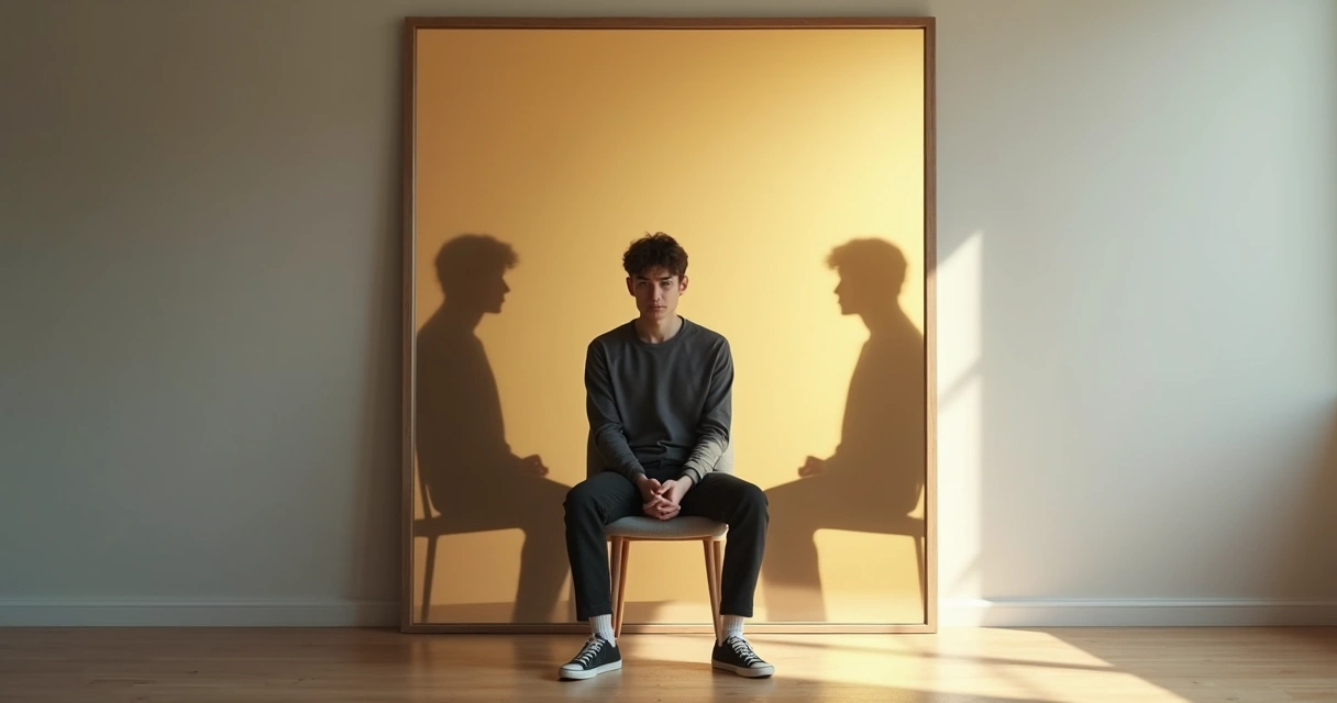 Persona sentada frente a su reflejo con siluetas transparentes que representan autosabotaje y claridad interior 