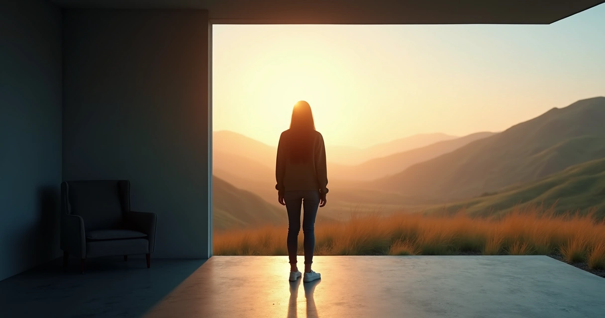 Persona contemplando un horizonte luminoso saliendo de una zona oscura 