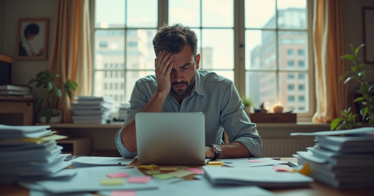 Hombre rodeado de papeles y tareas en un escritorio desordenado. 