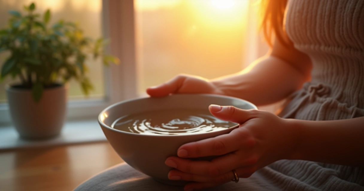Persona sostiene un tazón de agua entre sus manos en la mañana 