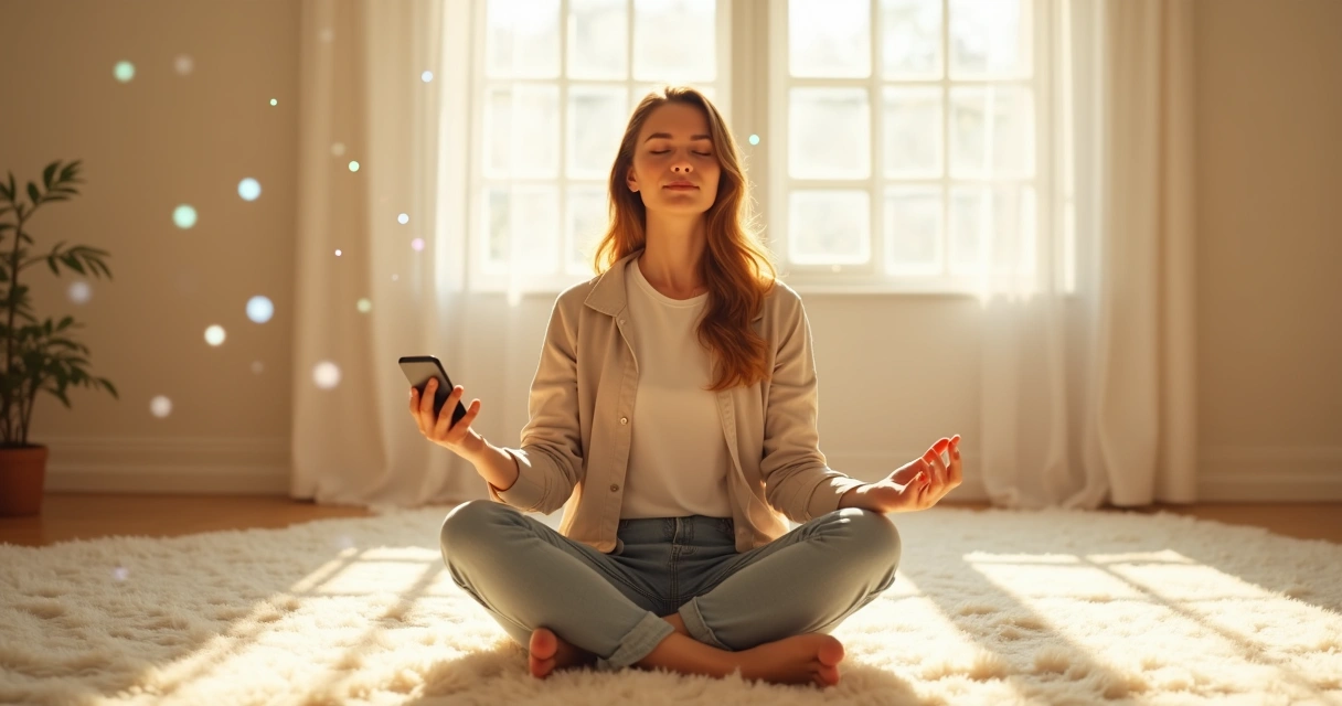 Persona sentada en posición de meditación con teléfono móvil en la mano 