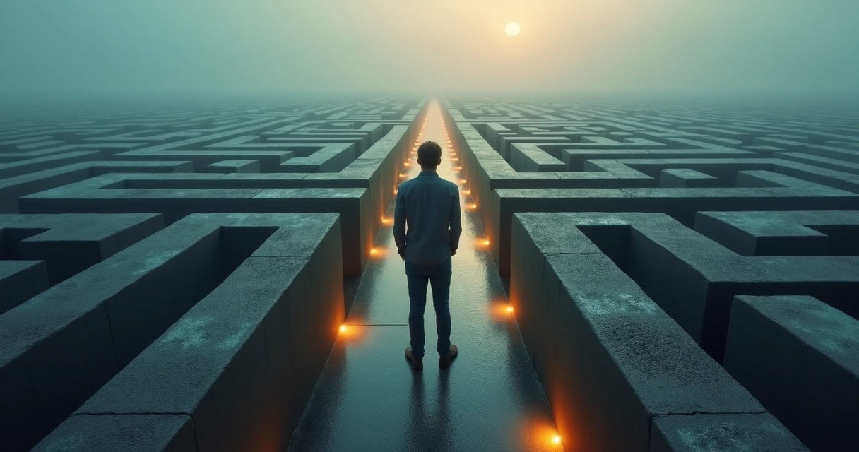 Persona observando un laberinto desde arriba con caminos posibles y luces que marcan opciones 