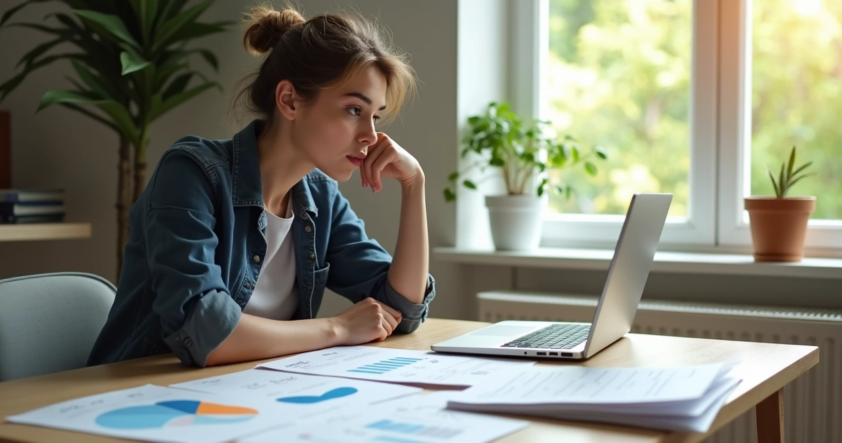Persona reflexionando con papeles y gráficos en una mesa 