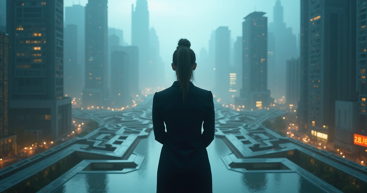 Mujer de negocios pensativa con múltiples rutas y caminos interconectados a su alrededor