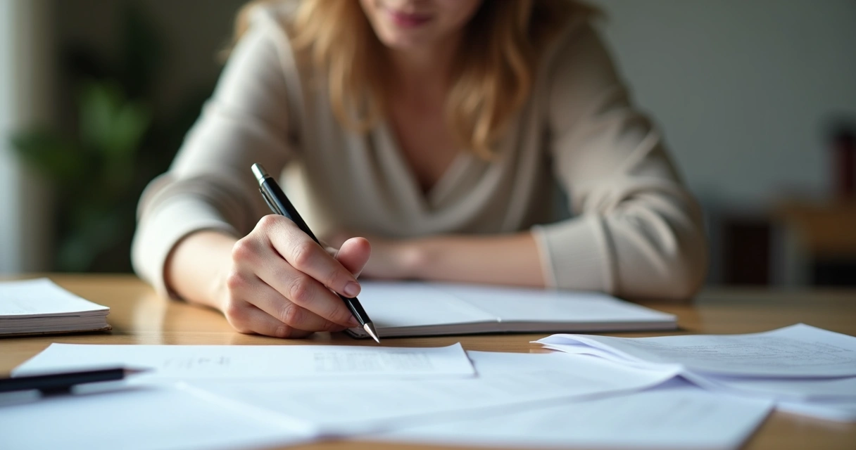 Persona reflexiva sentada tomando una decisión con hojas y cuadernos
