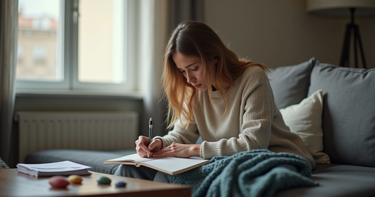 Persona sentada en un sofá, escribiendo en un cuaderno, rodeada de objetos personales, con gesto reflexivo. 