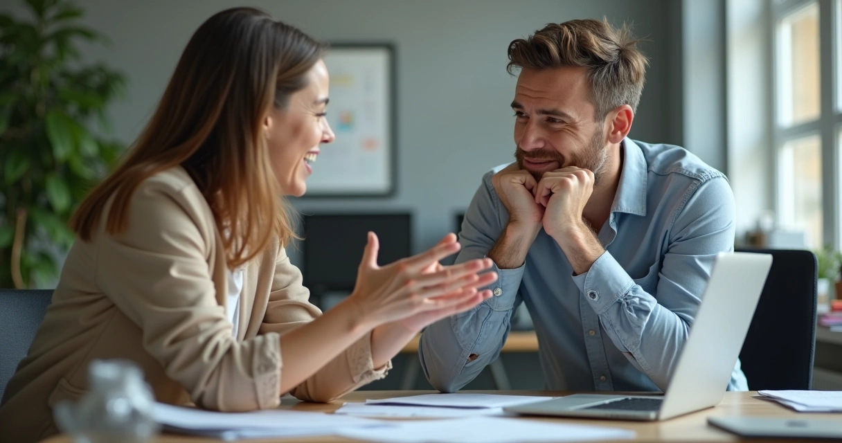 Persona en oficina mostrando emociones auténticas mientras conversa con compañero