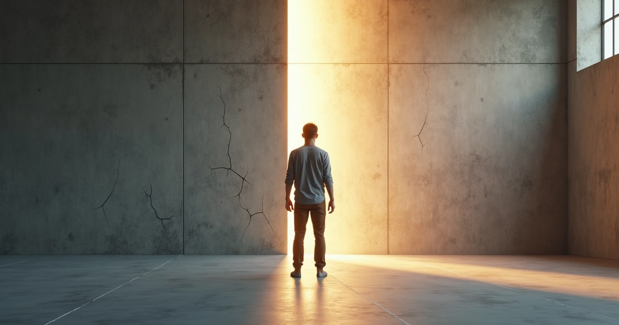 Persona transformando frustración en calma frente a un muro agrietado que se vuelve luz 