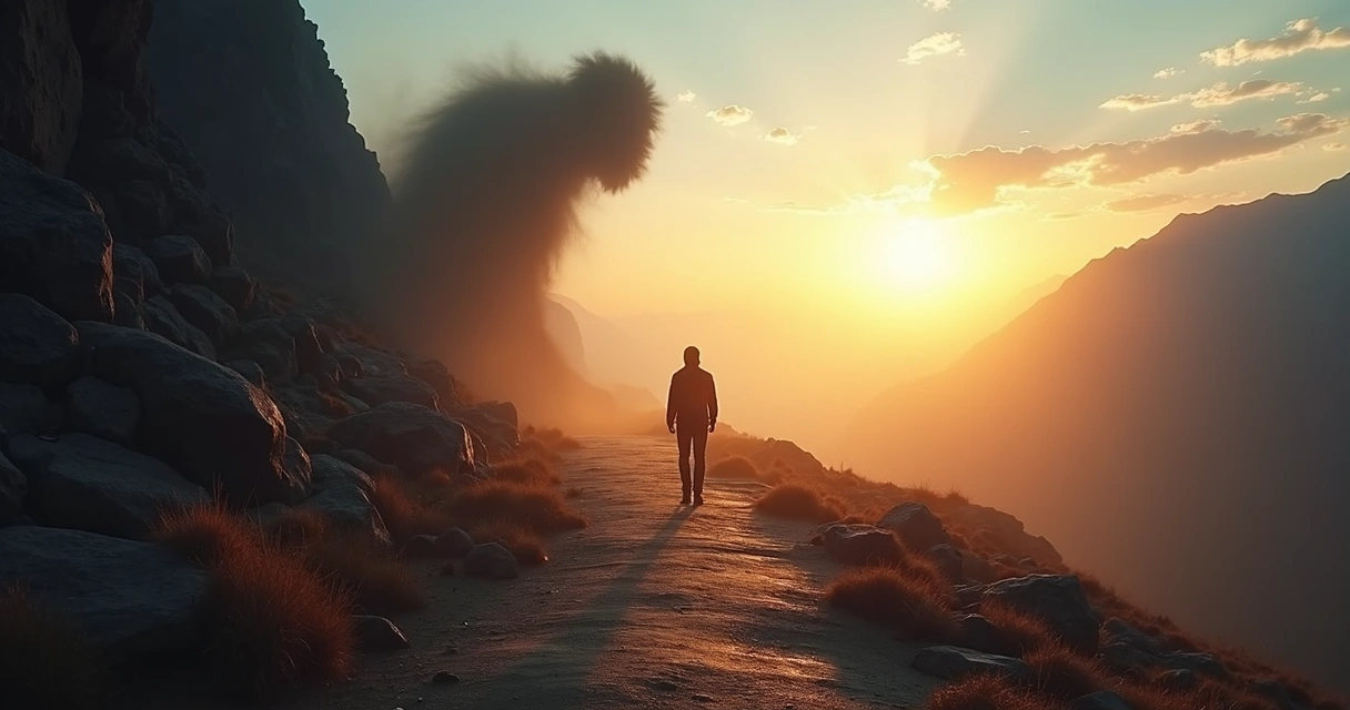 Persona de pie frente a sombra amenazante que se transforma en luz 