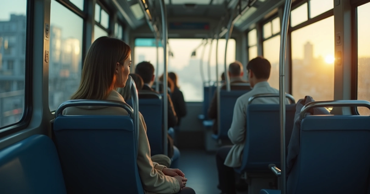 Persona sentada en transporte público mirando por la ventana