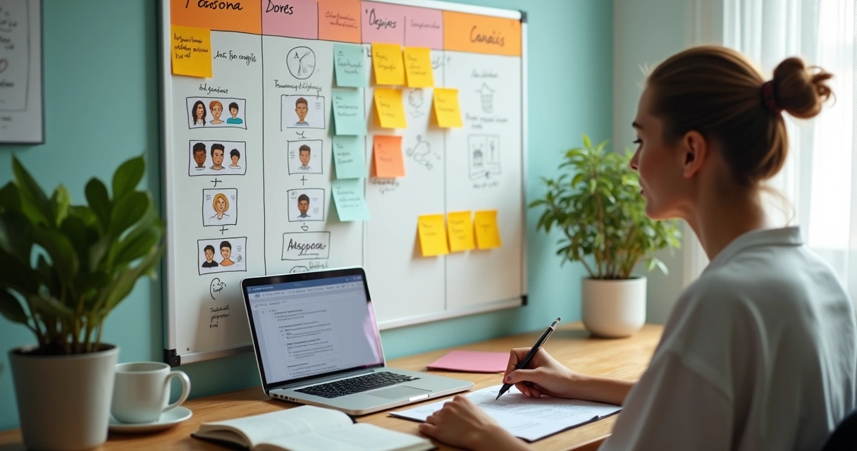 Profissional planejando persona de vendas com post-its e ilustrações de clientes ideais 